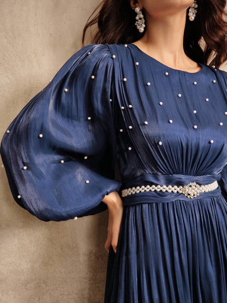 Elegant Pearl Embellished Lantern Sleeve Ruched Maxi Dress, Suitable For Fall/Winter, Christmas, New Year, Party, Elegant, Luxury, Formal, Chic
