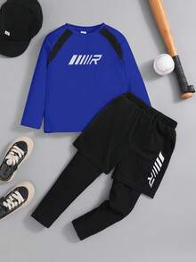 SHEIN Ensemble décontracté 2 pièces pour garçon : T-shirt à manches longues col rond et pantalon, style color block. Tenue de sport pour garçons, vêtements de sport pour enfants - Bleu azur - Voir 3