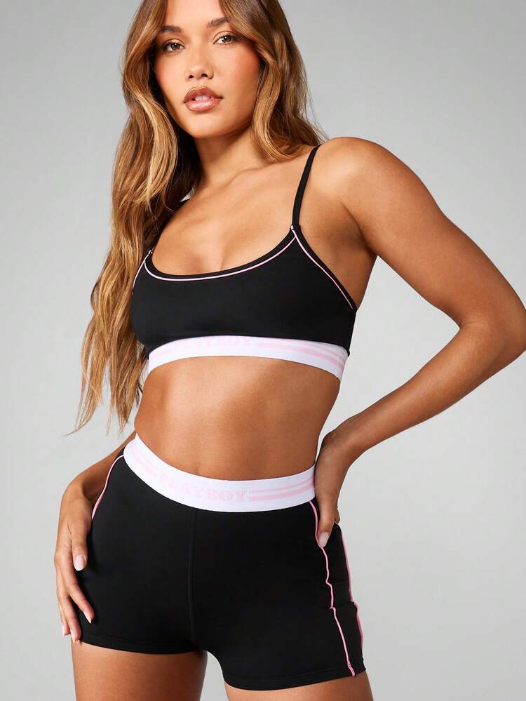 Missguided x Playboy High Waisted Fitted Athletic Shorts With Contrasting Pink Trim Side Stripe Active Wear Gym Running Exercise Bottoms