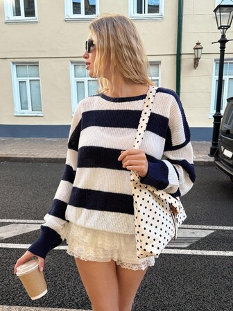 MainGRL Women's Casual Striped Knit Sweater, Minimalist And Fashion For Daily Wear,Off The Shoulder Sweater In Fall/Winter