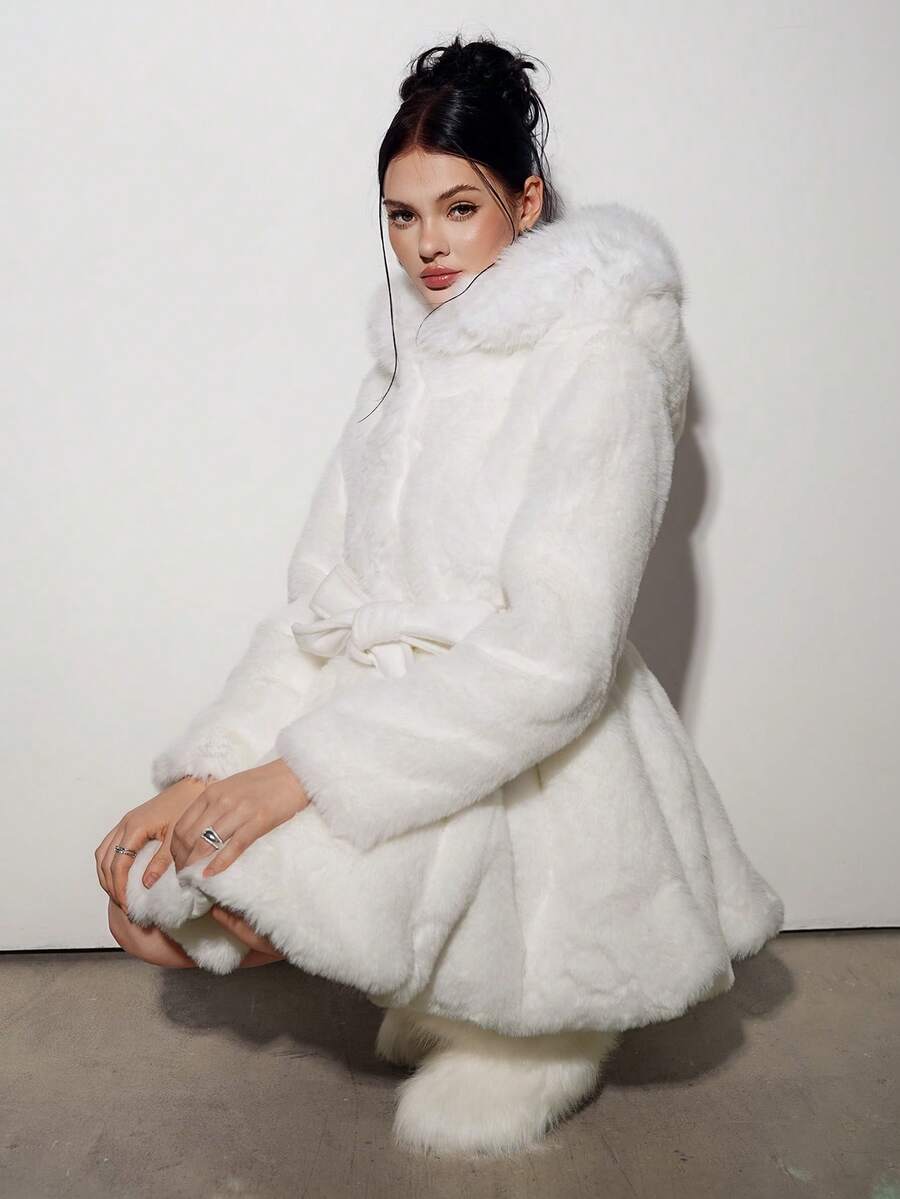 Sweetina Women's Solid Color Long Sleeve Elegant Hooded Umbrella Hem Faux Fur Jacket, Winter - White - View 1