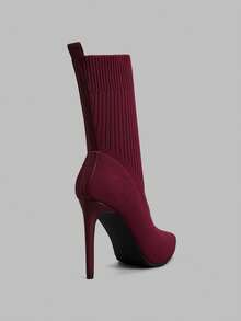 Ontre Women's Knitted Boots, Fashion Versatile Slim Fit Everyday Commute Stiletto Boots - Burgundy - View 3