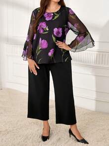 EMERY ROSE Ensemble 2 pièces grande taille élégant, chemise à manches évasées et imprimé floral, et pantalon pour le travail - Multicolore - Voir 3