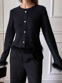 DAZY Áo len cardigan dáng rộng, trang trí chắp vá, mềm mại, thanh lịch dành cho nữ, thích hợp mặc đi làm, mùa thu/đông - màu đen - Xem 7