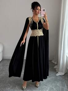 Elenzga Women's Elegant Patchwork Ribbon V-Neck Waist Dress - Black - View 5
