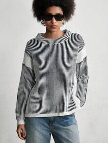 SHEIN LUNE Women's Casual Crew Neck Drop Shoulder Long Sleeve Vertical Striped Knit Sweater, Autumn/Winter - Black - View 1