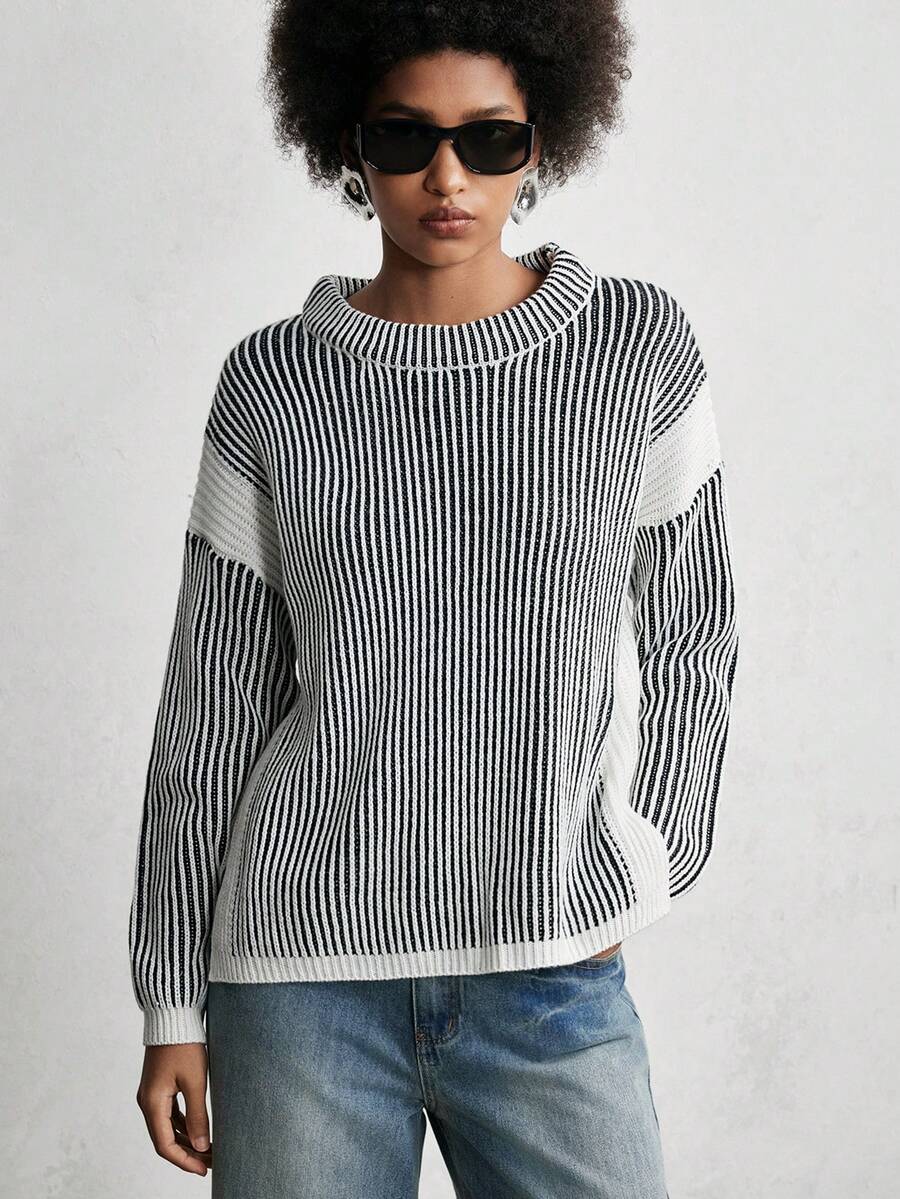 SHEIN LUNE Women's Casual Crew Neck Drop Shoulder Long Sleeve Vertical Striped Knit Sweater, Autumn/Winter - Black - View 1