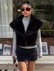 SHEIN EZwear جاكيت جاكيت ذات طوق من فرو الثعلب الأسود للنساء، خريف/شتاء - الأسود - مشاهدة 3