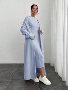 EURMUSE Damen Herbst/Winter Dicke Zopfstrick Strickjacke und Rundhals Langarm Strickkleid Lässig 2 Stücke Set - Babyblau - Übersicht 6