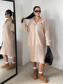 POPSWAY 大码女式秋冬休闲连帽针织连衣裙，带骑士图案和拉链设计