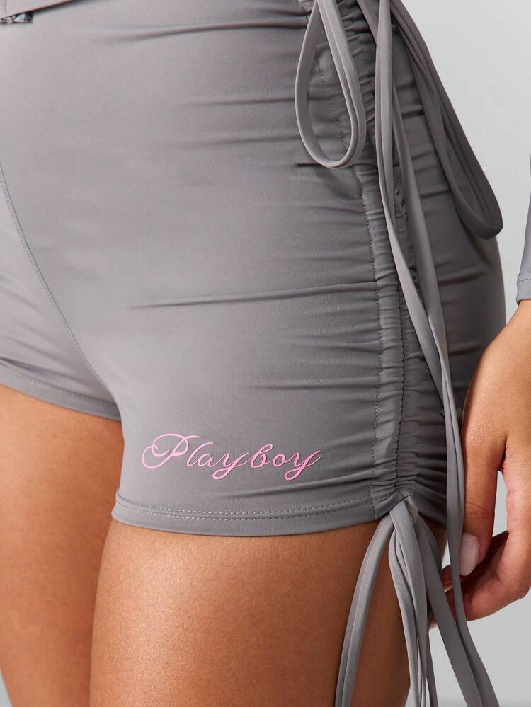 Missguided x Playboy Ruched Athletic Co-Ord Set Long Sleeve Jacket Shorts Two Piece Activewear Outfit