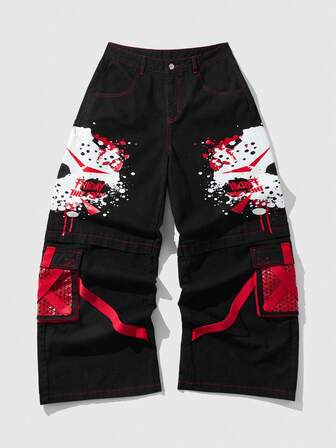 Friday the 13th X ROMWE Street Life Jeans cargo décontractés pour hommes avec imprimé de film d'horreur