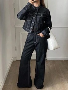 DAZY 女士圆领开衫和喇叭裤街头休闲时尚优雅牛仔套装 - 深色水洗藍 - 查看 3