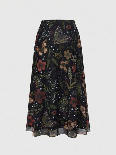 Fairycore Jupe mini évasée style gothique sombre avec imprimé de chauve-souris, crâne, lune et citrouille pour femmes