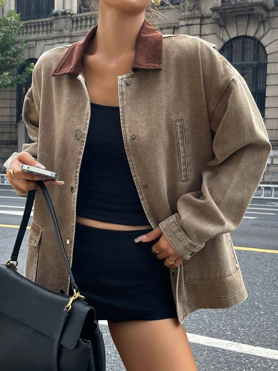 DAZY 女式休闲宽松牛仔夹克，撞色领子和落肩，长袖，秋季 - 灰色 - 查看 1