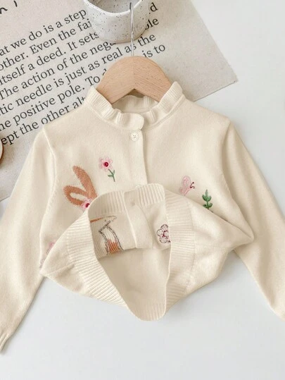 SHEIN LMoss Baby Girls Cute Cartoon Pattern Long Sleeve Cardigan Sweater, Versatile For Autumn/Winter, Baby Girl Design