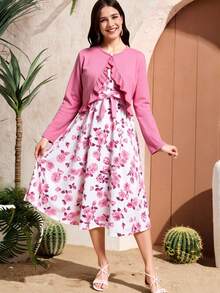 2pcs/Set Elegant Teen Girls' Open-Front Jacket And Printed Dress Outfit,Holiday,Summer,Travel - Baby Pink - View 4