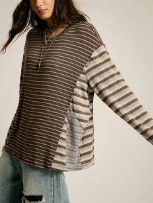 SoleilVie Women's Loose Fit Drop Shoulder Striped T-Shirt - Brown - View 5