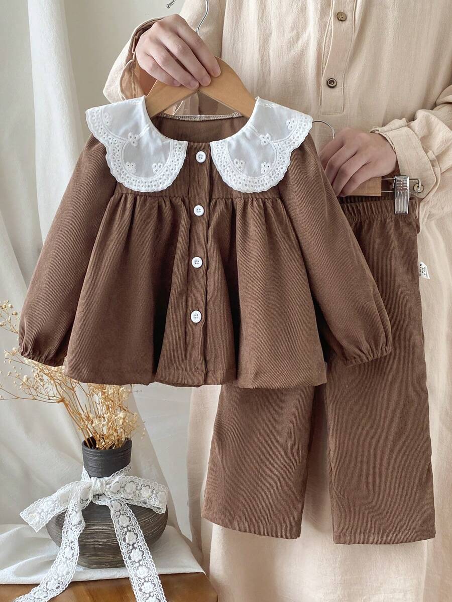 SHEIN 2pcs/Set Baby Girl Infant Toddler Newborn 0-3 Years Old Casual Daily Countryside Style Knitted Ruffled Collar Corduroy Khaki Outfit Set, Autumn/Winter 2pcs Set Toddler Girls Cute Vintage Style Brown Toddler Outfit Girl Two Piece Toddler Girls Dress Shirt And Pants Mocha Baby Clothes Baby Girls Summer Set Brown - Brown - View 1