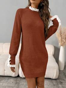 LanaWest فستان كنزة صوفية نسائي أنيق بأكمام راجلان مزين بكشكشة قماش شيفون متباين، خريف/شتاء