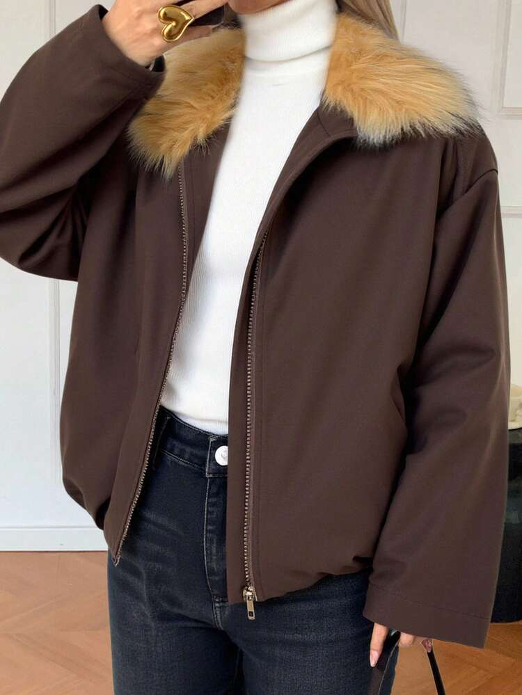 Women's Fur Collar Patchwork Open Front Long Sleeve Casual Jacket