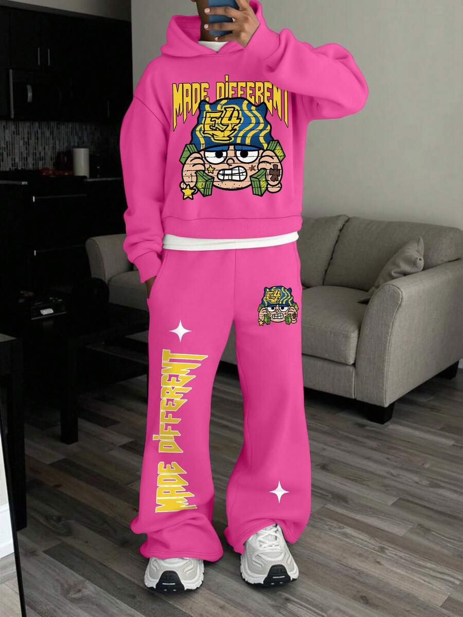 Manfinity EMRG Bộ 2 quần nỉ và áo hoodie in họa tiết chân dung và chữ phong cách Mỹ thường ngày cho nam, trang phục mùa thu - Màu Hồng Tươi - Xem 1