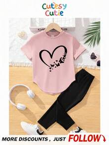 SHEIN 2 件 Tween 女童休闲心形印花粉色短袖圆领 T 恤和黑色裤子套装，夏季返校装 - 彩色 - 查看 1