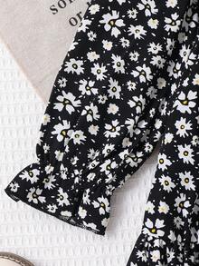 Young Girl Ditsy Floral Ruffle Trim Puff Sleeve Casual Dress - Black - View 9