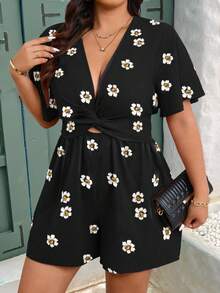 EMERY ROSE 大码女式花卉印花 V 领收腰休闲优雅短袖和短裤套装，春夏 - 黑色 - 查看 5