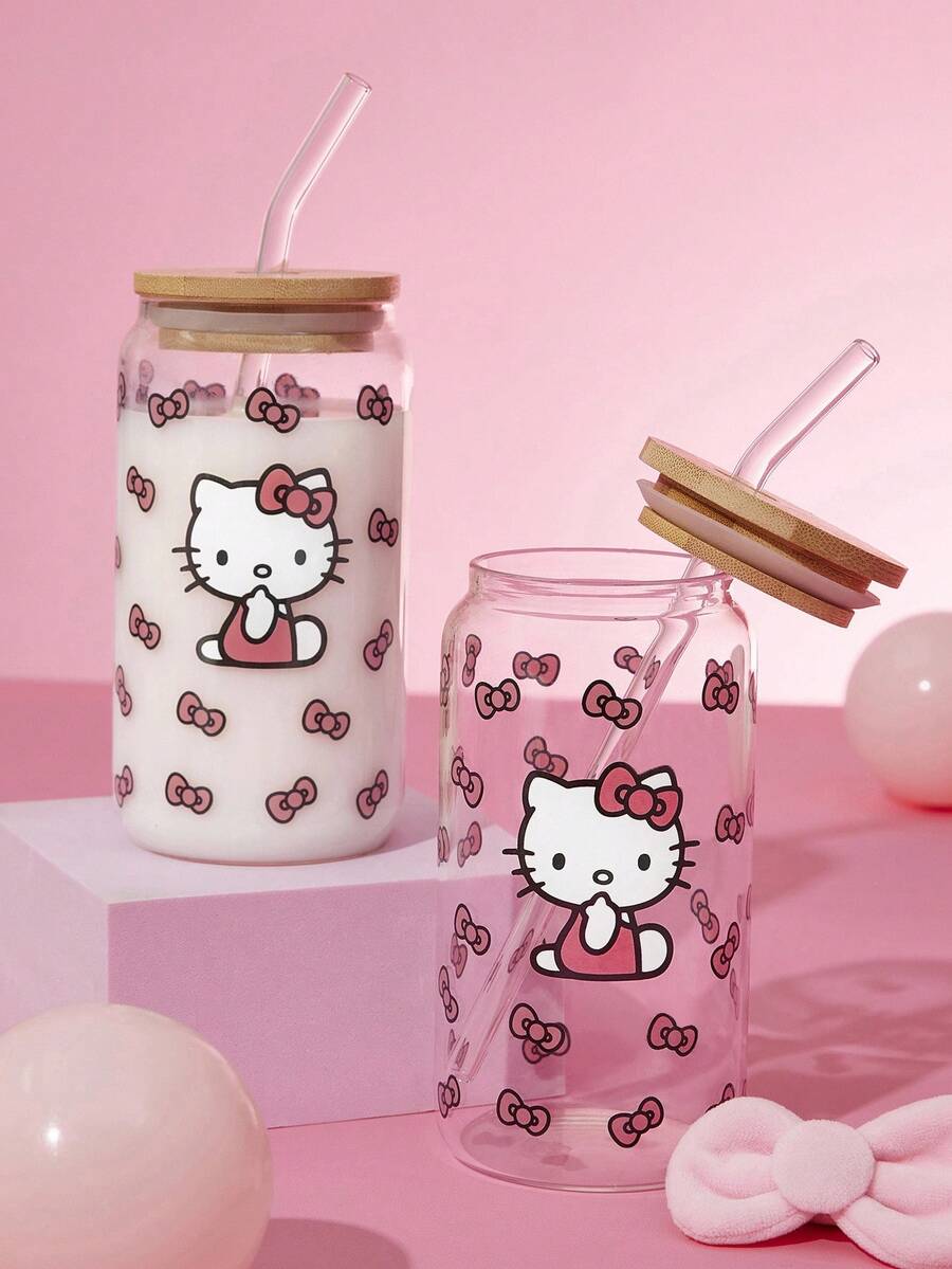 HELLO KITTY AND FRIENDS | SHEIN Large Capacity Glass Cup With Cute Bow & Cat Pattern, Suitable For Hot & Cold Drinks Such As Coffee, Milk, Juice