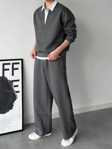 DAZY 男士纯色套头连帽衫套装，撞色领口设计，深灰色，秋季