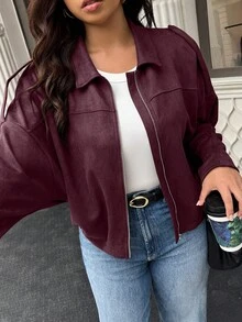 Easura Plus Size Casual Solid Color Drop Shoulder Cropped Jacket, Autumn/Winter Fall - Burgundy - View 5