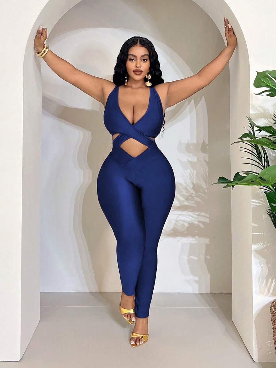 Maweii Bộ đồ liền thân bó sát chéo màu trơn gợi cảm cỡ lớn dành cho nữ - Màu xanh hải quân - Xem 1