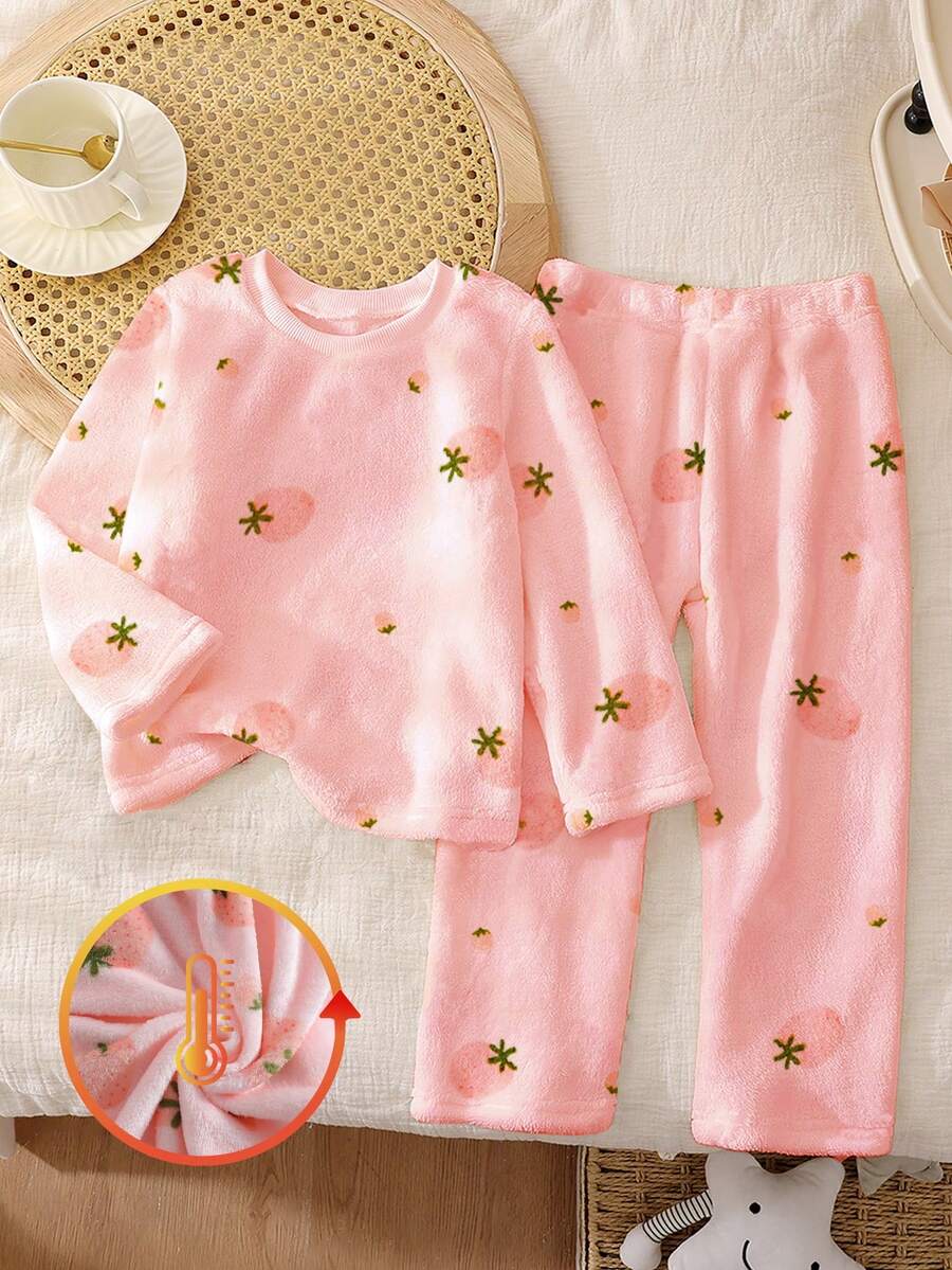 1set Baby Girls Watercolor Pink Strawberry Print Soft Plush Ribbed Collar Crew Neck Long Sleeve Top And Pants Pajama Set, Comfortable For Everyday Wear, Autumn/Winter Baby Girl Pajamas Set Baby Girl Warm Sets Baby Girl Sleepwear - Pink - View 1