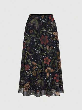 Fairycore Jupe mini évasée style gothique sombre avec imprimé de chauve-souris, crâne, lune et citrouille pour femmes