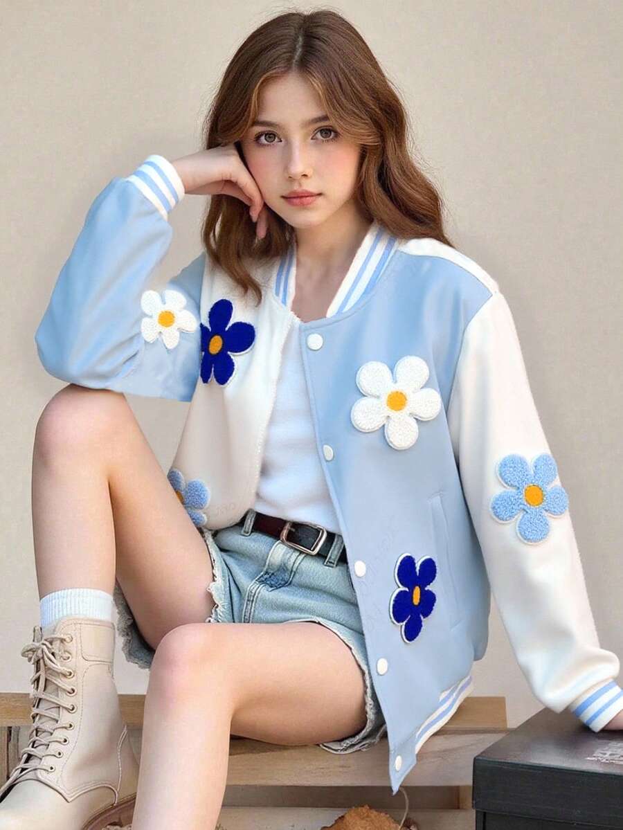 女童休闲拼布 3D 花朵时尚拼色棒球夹克,春秋 - 藍色 - 查看 1
