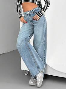EURMUSE Calça jeans casual com cintura baixa, solta, perna larga e pregas - Lavagem leve - Ver 2