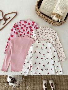 LMoss Kids Kleine Mädchen 4 Stücke/Set Gestrickte Einfarbige & Ditsy Blumen Rundhals Lässig T-Shirts