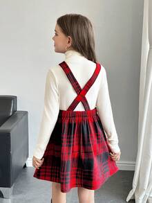 SHEIN Robe à bretelles à carreaux rouges rétro pour préadolescentes, décontractée et polyvalente - Rouge - Voir 2