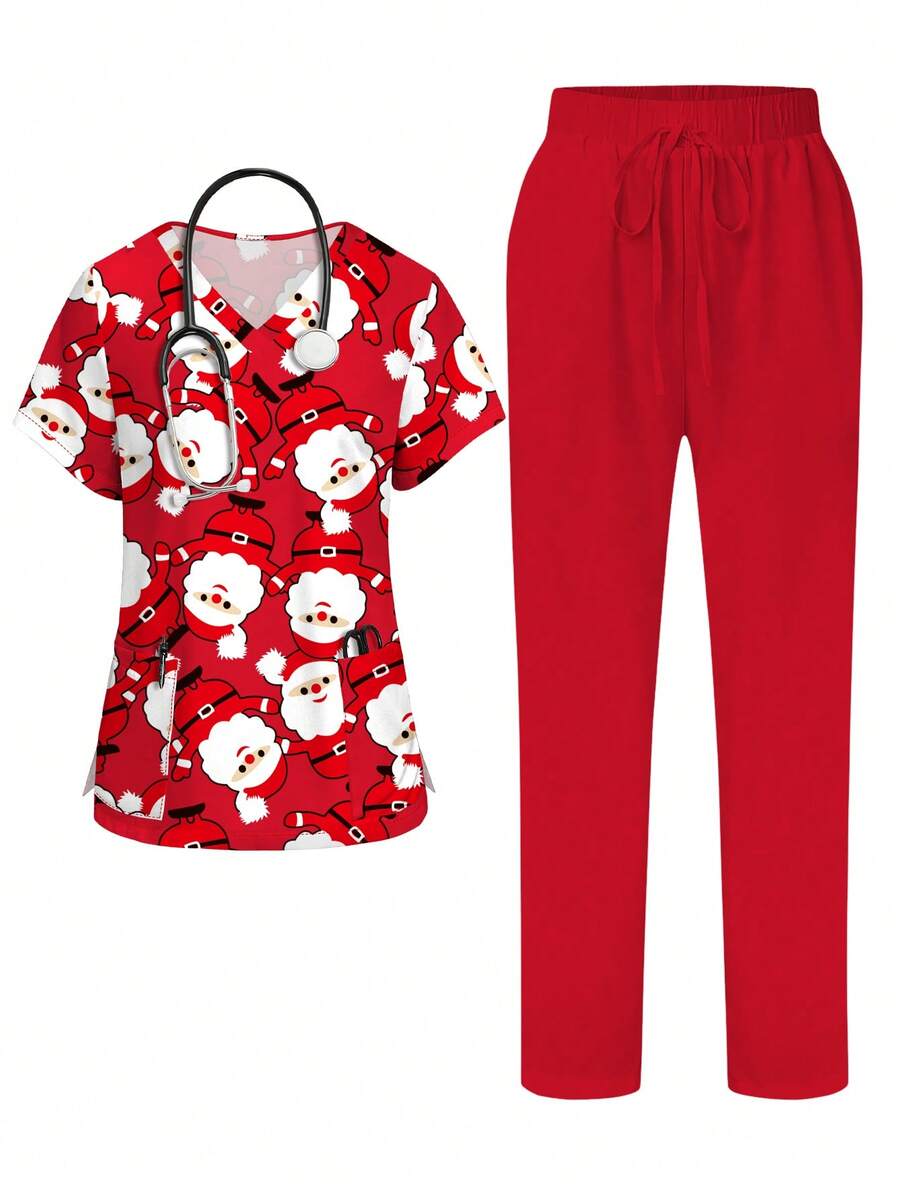 PopScrub Santa Claus Red Cartoon Print V-Neck Short Sleeve Pocket Nurse Scrub Uniform Set For Women - Multicolor - View 1