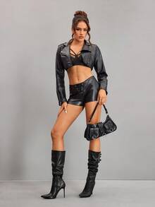 CUCCOO SZL White Pointed Toe Stiletto Heel Mid-Calf Slip-On Boots - Black - View 2