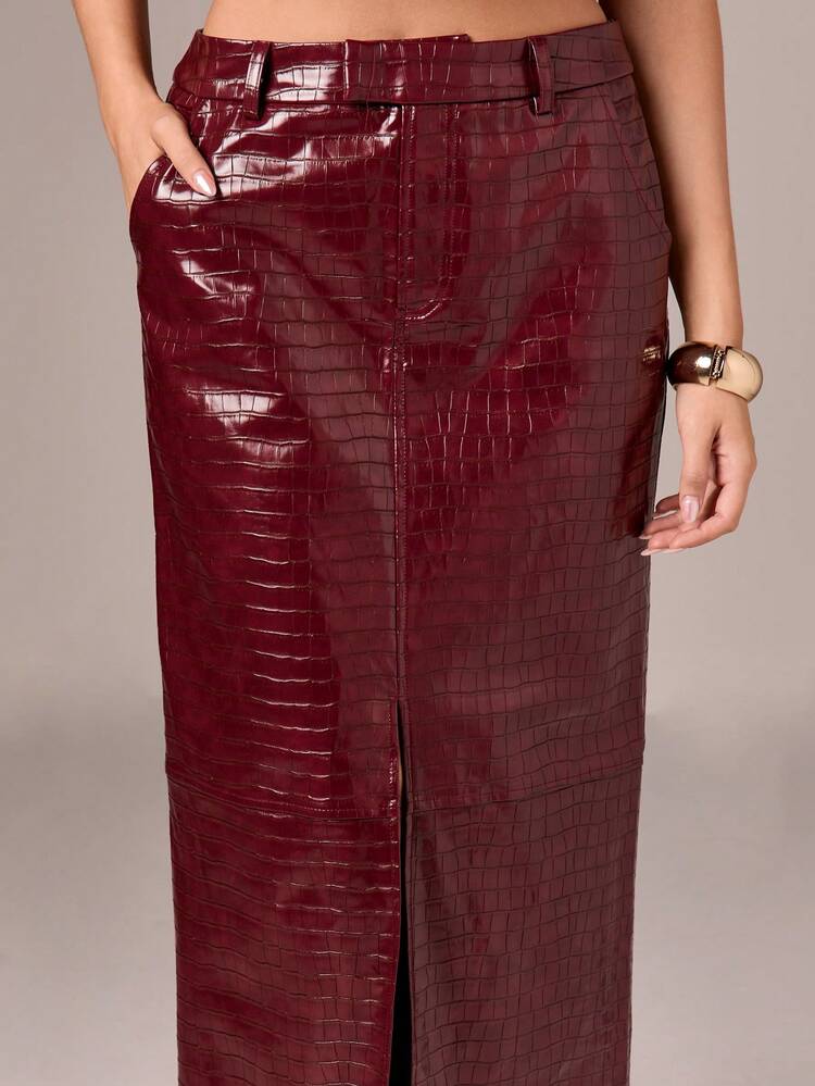 AiiRZ Burgundy Crocodile Embossed Faux Leather Pencil Skirt High Waisted Bodycon Midi Skirt With Front Slit Fall Winter Party Formal Wear