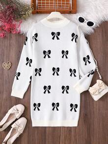 Girls' Snug Fit Black And White Jacquard Bow Decor Sweater Dress,Cute Autumn French Style,Back-To-School Party Clothes For Girls,Family Matching - White - View 8