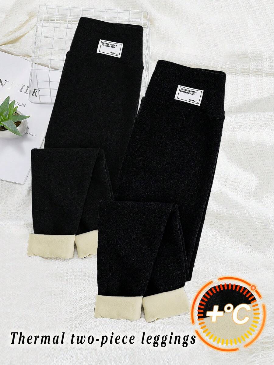 SHEIN 女童两件套紧身羊毛打底裤，腰部有贴片装饰 - 黑色 - 查看 1