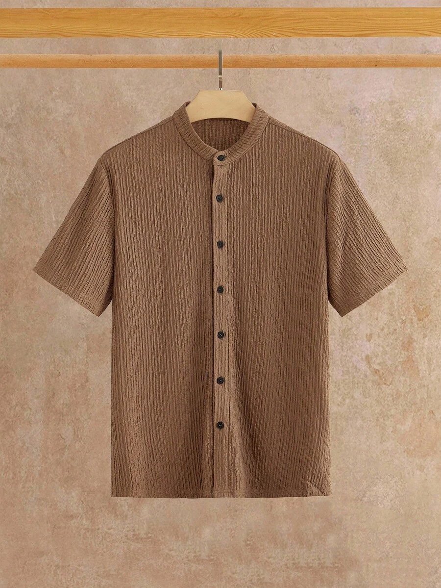 Manfinity NXTstreet Men's Solid Color Short Sleeve Single-Breasted Casual Textured Shirt Apricot Men Shirt Brown Jersey Shirt Japanese Shirt Men Men Casual Short Sleeve Shirt Brown Shirt For Men - Multicolor - View 1