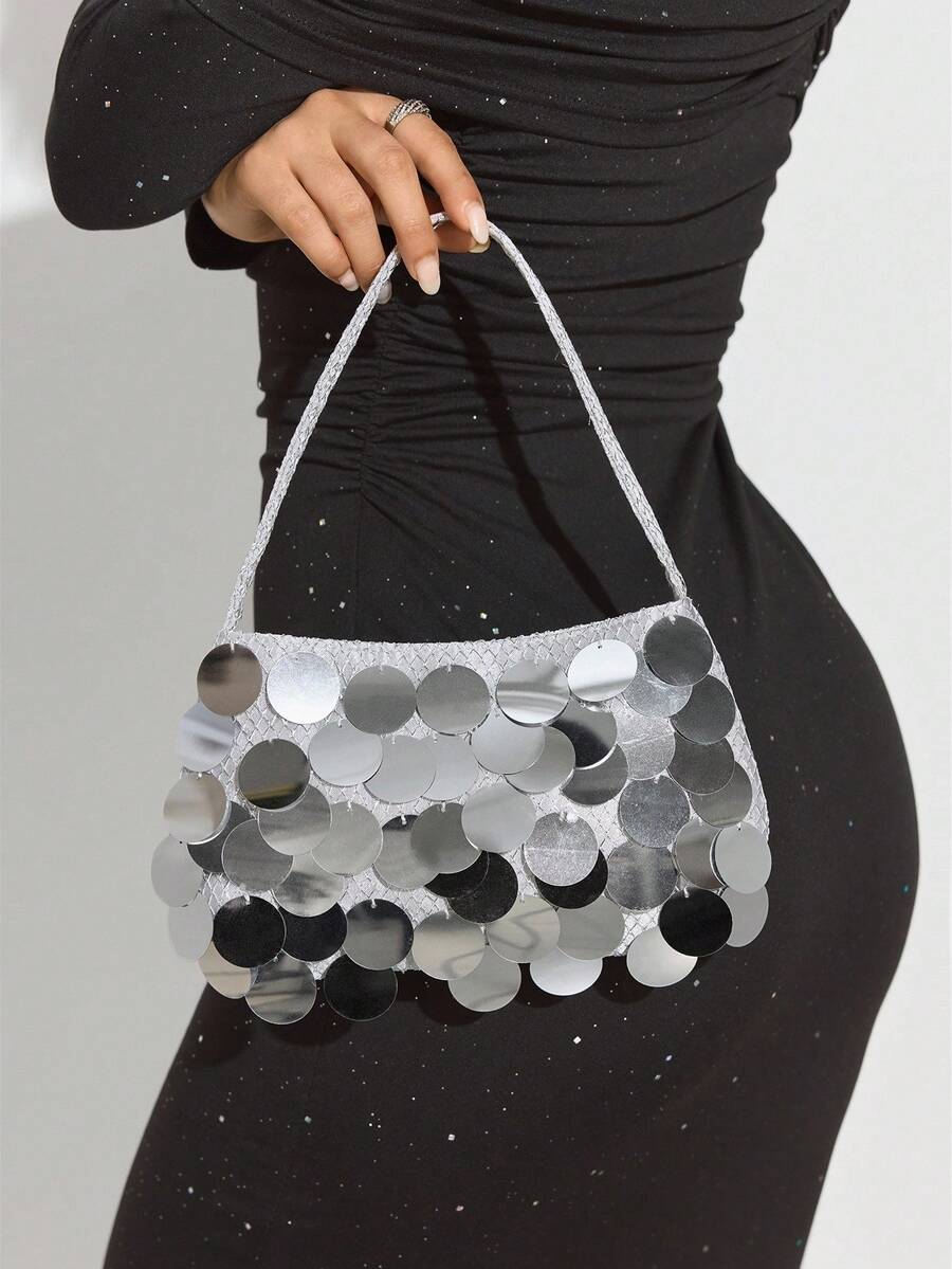 SHEIN SXY Túi xách nữ quai xách bằng da, thời trang, đơn giản, thanh lịch, đa năng, dành cho bãi biển, kỳ nghỉ, ngày lễ, mùa hè, bên bờ biển - Bạc - Xem 1