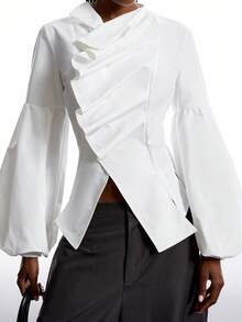 LYSMO 2025新款极简主义秋冬女装纯色荷叶边泡泡袖时尚衬衫，灯笼袖衬衫，泡泡袖衬衫，白色衬衫，优雅白色长袖衬衫 - 白色 - 查看 6