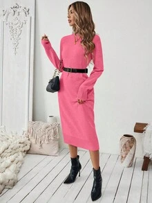 SHEIN Gaun Sweater Panjang Kasual Chic Leher Bulat Warna Fuchsia untuk Wanita - Hot Pink - View 5