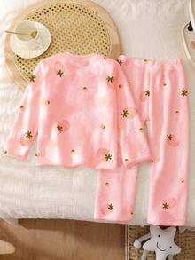 1set Baby Girls Watercolor Pink Strawberry Print Soft Plush Ribbed Collar Crew Neck Long Sleeve Top And Pants Pajama Set, Comfortable For Everyday Wear, Autumn/Winter Baby Girl Pajamas Set Baby Girl Warm Sets Baby Girl Sleepwear - Pink - View 2