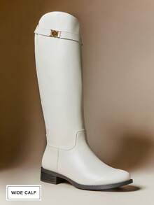 SHUZIA Damen Kniehohe Stiefel mit weitem Schaft, Alltagskomfort, runde Zehenpartie, Plateau-Absatz, mit Metall-Dekor - Weiss - Übersicht 2